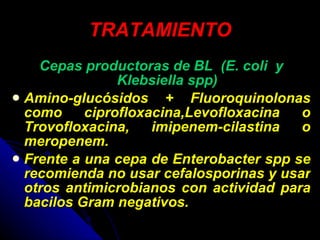TRATAMIENTO Cepas productoras de BL  (E. coli  y Klebsiella spp) Amino-glucósidos + Fluoroquinolonas como ciprofloxacina,Levofloxacina o Trovofloxacina, imipenem-cilastina o meropenem. Frente a una cepa de Enterobacter spp se recomienda no usar cefalosporinas y usar otros antimicrobianos con actividad para bacilos Gram negativos.  
