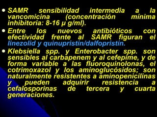 SAMR sensibilidad intermedia a la vancomicina (concentración mínima inhibitoria: 8-16 μ g/ml). Entre los nuevos antibióticos con efectividad frente al SAMR figuran el  linezolid y quinupristín/dalfopristín. Klebsiella spp. y Enterobacter spp. son sensibles al carbapenem y al cefepime, y de forma variable a las fluoroquinolonas, el cotrimoxazol y los aminoglucósidos; son naturalmente resistentes a aminopenicilinas y pueden adquirir resistencia a cefalosporinas de tercera y cuarta generaciones. 