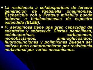 La resistencia a cefalosporinas de tercera generación de Klebsiella pneumoniae, Escherichia coli y Proteus mirabilis puede deberse a betalactamasas de espectro extendido (BLEE). P. aeruginosa tiene una gran capacidad de adaptarse y sobrevivir. Ciertas penicilinas, cefalosporinas, carbapenem, monobactamos, aminoglucósidos, fluoroquinolonas y polimixinas pueden ser activas pero comprometerse por resistencia mutacional por varios mecanismos. 