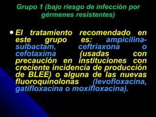 Grupo 1 (bajo riesgo de infección por gérmenes resistentes) El tratamiento recomendado en este grupo es:  ampicilina-sulbactam, ceftriaxona o cefotaxima  (usadas con precaución en instituciones con creciente incidencia de producción de BLEE) o alguna de las nuevas fluoroquinolonas  (levofloxacina, gatifloxacina o moxifloxacina). 