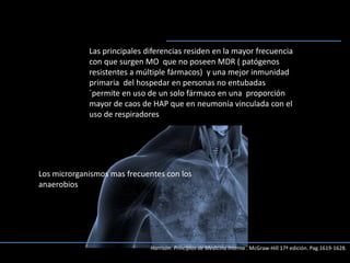Las principales diferencias residen en la mayor frecuencia
con que surgen MO que no poseen MDR ( patógenos
resistentes a múltiple fármacos) y una mejor inmunidad
primaria del hospedar en personas no entubadas
´permite en uso de un solo fármaco en una proporción
mayor de caos de HAP que en neumonía vinculada con el
uso de respiradores
Los microrganismos mas frecuentes con los
anaerobios
Harrison: Principios de Medicina Interna . McGraw-Hill 17ª edición. Pag.1619-1628.
 