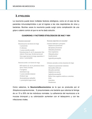 NEUMONÍA NEUMOCOCICA
5
3. ETIOLOGÍA
La neumonía puede tener múltiples factores etiológicos, como en el caso de los
pacientes inmunodeprimidos o por el ingreso a las vías respiratorias de virus y
bacterias. Muchas veces la neumonía puede surgir como complicación de una
gripe o catarro común al que no se ha dado solución.
CUADRONO.1 FACTORES ETIOLÓGICOS DE NAC Y NIH
Como sabemos, la NeumoníaNeumocócica es la que es producida por el
Streptococcuspneumoniae. S pneumoniaees una bacteria que coloniza la faringe
de un 15 a 50% de los individuos normales. La adherencia del neumococo a la
mucosa bronquial y su colonización aumentan con el tabaquismo y con las
infecciones virales.
 