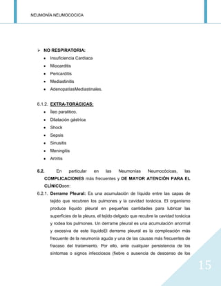 NEUMONÍA NEUMOCOCICA
15
 NO RESPIRATORIA:
Insuficiencia Cardiaca
Miocarditis
Pericarditis
Mediastinitis
AdenopatíasMediastinales.
6.1.2. EXTRA-TORÁCICAS:
Íleo paralitico.
Dilatación gástrica
Shock
Sepsis
Sinusitis
Meningitis
Artritis
6.2. En particular en las Neumonías Neumocócicas, las
COMPLICACIONES más frecuentes y DE MAYOR ATENCIÓN PARA EL
CLÍNICOson:
6.2.1. Derrame Pleural: Es una acumulación de líquido entre las capas de
tejido que recubren los pulmones y la cavidad torácica. El organismo
produce líquido pleural en pequeñas cantidades para lubricar las
superficies de la pleura, el tejido delgado que recubre la cavidad torácica
y rodea los pulmones. Un derrame pleural es una acumulación anormal
y excesiva de este líquidoEl derrame pleural es la complicación más
frecuente de la neumonía aguda y una de las causas más frecuentes de
fracaso del tratamiento. Por ello, ante cualquier persistencia de los
síntomas o signos infecciosos (fiebre o ausencia de descenso de los
 