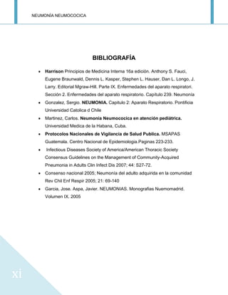 NEUMONÍA NEUMOCOCICA
xi
BIBLIOGRAFÍA
Harrison Principios de Medicina Interna 16a edición. Anthony S. Fauci,
Eugene Braunwald, Dennis L. Kasper, Stephen L. Hauser, Dan L. Longo, J.
Larry. Editorial Mgraw-Hill. Parte IX. Enfermedades del aparato respiratori.
Sección 2. Enfermedades del aparato respiratorio. Capítulo 239. Neumonía
Gonzalez, Sergio. NEUMONIA. Capitulo 2: Aparato Respiratorio. Pontificia
Universidad Catolica d Chile
Martinez, Carlos. Neumonia Neumococica en atención pediátrica.
Universidad Medica de la Habana, Cuba.
Protocolos Nacionales de Vigilancia de Salud Publica. MSAPAS
Guatemala. Centro Nacional de Epidemiologia.Paginas 223-233.
Infectious Diseases Society of America/American Thoracic Society
Consensus Guidelines on the Management of Community-Acquired
Pneumonia in Adults Clin Infect Dis 2007; 44: S27-72.
Consenso nacional 2005; Neumonía del adulto adquirida en la comunidad
Rev Chil Enf Respir 2005; 21: 69-140
Garcia, Jose. Aspa, Javier. NEUMONIAS. Monografias Nuemomadrid.
Volumen IX. 2005
 