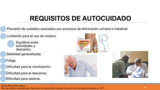 REQUISITOS DE AUTOCUIDADO
Provisión de cuidados asociados con procesos de eliminación urinaria e intestinal
Limitación para el uso de inodoro.
Equilibrio entre
actividades y
descanso.
Debilidad generalizada.
Fatiga.
Dificultad para la movilización.
Dificultad para el descanso.
Dificultad para vestirse.
Olvera Maca Pedro Alberto
Plan de cuidados estandarizado: Neumonía H.U Reina Sofía Córdoba. Dirección de Enfermería Consultado en 2017.
44
 
