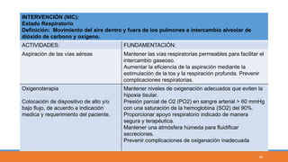 INTERVENCIÓN (NIC):
Estado Respiratorio
Definición: Movimiento del aire dentro y fuera de los pulmones e intercambio alveolar de
dióxido de carbono y oxígeno.
ACTIVIDADES: FUNDAMENTACIÓN:
Aspiración de las vías aéreas Mantener las vías respiratorias permeables para facilitar el
intercambio gaseoso.
Aumentar la eficiencia de la aspiración mediante la
estimulación de la tos y la respiración profunda. Prevenir
complicaciones respiratorias.
Oxigenoterapia
Colocación de dispositivo de alto y/o
bajo flujo, de acuerdo a indicación
medica y requerimiento del paciente.
Mantener niveles de oxigenación adecuados que eviten la
hipoxia tisular.
Presión parcial de O2 (PO2) en sangre arterial > 60 mmHg
con una saturación de la hemoglobina (SO2) del 90%.
Proporcionar apoyo respiratorio indicado de manera
segura y terapéutica.
Mantener una atmósfera húmeda para fluidificar
secreciones.
Prevenir complicaciones de oxigenación inadecuada
49
 