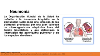 Neumonía
La Organización Mundial de la Salud ha
definido a la Neumonía Adquirida en la
Comunidad (NAC) como una infección de los
pulmones provocada por una gran variedad
de microorganismos adquiridos fuera del
ámbito hospitalario y que determinan la
inflamación del parénquima pulmonar y de
los espacios alveolares.
ROMERO URIBE OLYMPIA NATALY
Guía de Práctica Clínica Prevención, Diagnóstico y Tratamiento de la Neumonía Adquirida en la Comunidad en Adultos. IMSS. 5
 