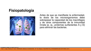 Fisiopatología
Antes de que se manifieste la enfermedad,
la dosis de los microorganismos debe
sobrepasar la capacidad de los macrófagos
y de otros componentes de la inmunidad
innata (p. ej., proteínas surfactantes A y D)
para eliminar las bacterias.
ROMERO URIBE OLYMPIA NATALY
Dan L. Longo. Anthony S. Fauci. HARRISON. MANUAL DE MEDICINA. 18° e Ed. México: F.McGRAW-HILL INTERAMERICANA EDITORES; 2013.
8
 