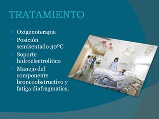 TRATAMIENTO  Oxigenoterapia Posición semisentado 30ºC Soporte hidroelectrolitico Manejo del componente broncoobstructivo y fatiga diafragmatica. 