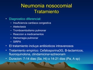Neumonia nosocomial Tratamiento Diagnostico diferencial: Insuficiencia cardiaca congestiva Atelectasia Tromboembolismo pulmonar Reaccion a medicamentos Hemorragia pulmonar SIRPA El tratamiento incluye antibioticos intravenosos Tratamiento empirico: Cefalosporina3G, B-lactamicos, fluoroquinolona, clindamicina+aztreonam Duracion: 7-14 dias (Sa, Hi) o 14-21 dias (Pa, A sp) 