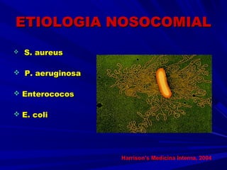 ETIOLOGIA NOSOCOMIALETIOLOGIA NOSOCOMIAL
 S. aureusS. aureus
 P. aeruginosaP. aeruginosa
 EnterococosEnterococos
 E. coliE. coli
Harrison’s Medicina Interna, 2004
 