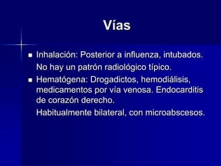 Vías
 Inhalación: Posterior a influenza, intubados.
No hay un patrón radiológico típico.
 Hematógena: Drogadictos, hemodiálisis,
medicamentos por vía venosa. Endocarditis
de corazón derecho.
Habitualmente bilateral, con microabscesos.
 