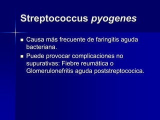 Streptococcus pyogenes
 Causa más frecuente de faringitis aguda
bacteriana.
 Puede provocar complicaciones no
supurativas: Fiebre reumática o
Glomerulonefritis aguda poststreptococica.
 
