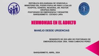 REPÚBLICA BOLIVARIANA DE VENEZUELA
MINISTERIO DEL PODER POPULAR PARA LA SALUD
HOSPITAL GENERAL REGIONAL DR. PASTOR
OROPEZA RIERA
POSTGRADO DE EMERGENCIA Y DESASTRE
BARQUISIMETO - ESTADO LARA
RESIDENTE DE 2DO AÑO DE POSTGRADO DE
EMERGENCIOLOGIA: DRA. TANIA CAMACHO PEREZ
BARQUISIMETO, ABRIL, 2024
 