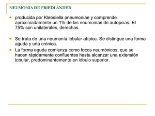 NEUMONIA DE FRIEDLÄNDER producida por Klebsiella pneumoniae y comprende aproximadamente un 1% de las neumonías de autopsias. El 75% son unilaterales, derechas.  Se trata de una neumonía lobular atípica. Se distingue una forma aguda y una crónica. La forma aguda comienza como focos neumónicos, que se hacen rápidamente confluentes hasta alcanzar una extensión lobular, predominantemente en lóbulo superior. 