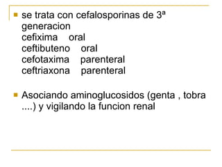 se trata con cefalosporinas de 3ª generacion cefixima  oral  ceftibuteno  oral  cefotaxima  parenteral  ceftriaxona  parenteral  Asociando aminoglucosidos (genta , tobra ....) y vigilando la funcion renal 