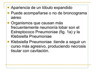 Apariencia de un lóbulo expandido   Puede acompañarse o no de broncograma aéreo   Organismos que causan más frecuentemente neumonía lobar son el Estreptococo Pneumoniae (fig. 1a) y la Klebsiella Pneumoniae   Klebsiella Pneumoniae   : tiende a seguir un curso más agresivo, produciendo necrosis tisular con cavitación.   