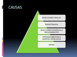 CAUSAS

          INFECCIONES VIRALES


             RADIOTERAPIA


         REACCIONES ADVERSAS A
            MEDICAMENTOS

          HIPERSENSIBILIDAD A
          AGENTES INHALADOS


                SEPSIS
 