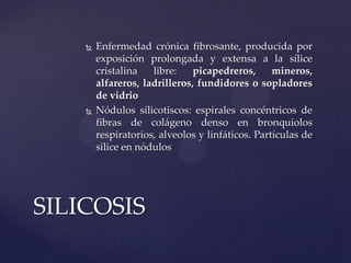    Enfermedad crónica fibrosante, producida por
        exposición prolongada y extensa a la sílice
        cristalina   libre:    picapedreros,      mineros,
        alfareros, ladrilleros, fundidores o sopladores
        de vidrio
       Nódulos silicotiscos: espirales concéntricos de
        fibras de colágeno denso en bronquiolos
        respiratorios, alveolos y linfáticos. Partículas de
        silice en nódulos




SILICOSIS
 