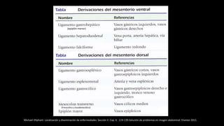 Michael Oliphant. Localización y diseminación de enfermedades. Sección II. Cap. 6 . 119-139.Solución de problemas en imagen abdominal. Elseiver 2011.
(frenocòlico y duodenocólico))
(epiplón menor)
 