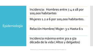 Epidemiología
Incidencia: Hombres entre 7.4 a 18 por
100,000 habitantes
Mujeres 1.2 a 6 por 100,000 habitantes.
Relación Hombre/ Mujer: 3:1 Hasta 6:1
Incidencia máxima entre 3ra a 5ta
década de la vida ( Altos y delgados)
FIshman,A:P 2022, Pulmonary deseases and disordderes.Mc Graw Hill capitulo 79.
 