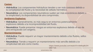 presentation title 16
Costos:
• Hidráulica: Los componentes hidráulicos tienden a ser más costosos debido a
la complejidad del fluido y la necesidad de sellado hermético.
• Neumática: Los componentes neumáticos suelen ser más económicos debido a
la simplicidad y la disponibilidad de aire comprimido.
Ambiente Explosivo:
• Hidráulica: Generalmente, es más segura en entornos potencialmente
explosivos debido a la incompresibilidad del fluido.
• Neumática: Puede presentar riesgos en entornos explosivos debido al uso de
aire enriquecido con oxígeno.
Mantenimiento:
• Hidráulica: Puede requerir un mayor mantenimiento debido a los fluidos, sellos
y tuberías.
• Neumática: Tiende a requerir un mantenimiento más sencillo debido a la
simplicidad del aire como medio.
20XX
https://www.youtube.com/watch?v=eKBny8UOY-
Q&t=12s
 