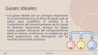 27
Gases ideales
• Los gases ideales son un concepto importante
en la termodinámica y la física de gases que se
utiliza para simplificar el estudio y la
comprensión del comportamiento de los gases
en diversas situaciones. Aunque los gases
reales pueden desviarse del comportamiento
ideal en ciertas condiciones, el modelo de gas
ideal proporciona una descripción útil en
muchas situaciones prácticas.
2023 Neumática
 