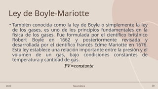30
Ley de Boyle-Mariotte
• También conocida como la ley de Boyle o simplemente la ley
de los gases, es uno de los principios fundamentales en la
física de los gases. Fue formulada por el científico británico
Robert Boyle en 1662 y posteriormente revisada y
desarrollada por el científico francés Edme Mariotte en 1676.
Esta ley establece una relación importante entre la presión y el
volumen de un gas, bajo condiciones constantes de
temperatura y cantidad de gas.
2023 Neumática
𝑃𝑉 =𝑐𝑜𝑛𝑠𝑡𝑎𝑛𝑡𝑒
 