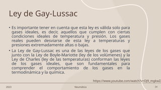 34
Ley de Gay-Lussac
• Es importante tener en cuenta que esta ley es válida solo para
gases ideales, es decir, aquellos que cumplen con ciertas
condiciones ideales de temperatura y presión. Los gases
reales pueden desviarse de esta ley a temperaturas y
presiones extremadamente altas o bajas.
• La Ley de Gay-Lussac es una de las leyes de los gases que
junto con la Ley de Boyle-Mariotte (ley de los volúmenes) y la
Ley de Charles (ley de las temperaturas) conforman las leyes
de los gases ideales, que son fundamentales para
comprender el comportamiento de los gases en la
termodinámica y la química.
2023 Neumática
https://www.youtube.com/watch?v=OJ9_mgkwZA
 