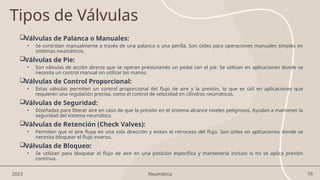58
2023 Neumática
Válvulas de Palanca o Manuales:
• Se controlan manualmente a través de una palanca o una perilla. Son útiles para operaciones manuales simples en
sistemas neumáticos.
Válvulas de Pie:
• Son válvulas de acción directa que se operan presionando un pedal con el pie. Se utilizan en aplicaciones donde se
necesita un control manual sin utilizar las manos.
Válvulas de Control Proporcional:
• Estas válvulas permiten un control proporcional del flujo de aire y la presión, lo que es útil en aplicaciones que
requieren una regulación precisa, como el control de velocidad en cilindros neumáticos.
Válvulas de Seguridad:
• Diseñadas para liberar aire en caso de que la presión en el sistema alcance niveles peligrosos. Ayudan a mantener la
seguridad del sistema neumático.
Válvulas de Retención (Check Valves):
• Permiten que el aire fluya en una sola dirección y evitan el retroceso del flujo. Son útiles en aplicaciones donde se
necesita bloquear el flujo inverso.
Válvulas de Bloqueo:
• Se utilizan para bloquear el flujo de aire en una posición específica y mantenerla incluso si no se aplica presión
continua.
Tipos de Válvulas
 