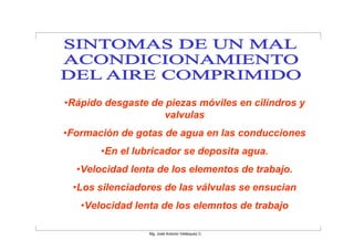 •Rápido desgaste de piezas móviles en cilindros y
                    valvulas
•Formación de gotas de agua en las conducciones
       •En el lubricador se deposita agua.
  •Velocidad lenta de los elementos de trabajo.
 •Los silenciadores de las válvulas se ensucian
   •Velocidad lenta de los elemntos de trabajo

                 Mg. José Antonio Velásquez C.
 