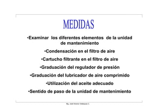 •Examinar los diferentes elementos de la unidad
               de mantenimiento
       •Condensación en el filtro de aire
      •Cartucho filtrante en el filtro de aire
     •Graduación del regulador de presión
 •Graduación del lubricador de aire comprimido
        •Utilización del aceite adecuado
•Sentido de paso de la unidad de mantenimiento

                   Mg. José Antonio Velásquez C.
 