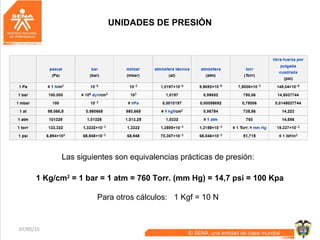 07/05/15 10
UNIDADES DE PRESIÓN
Las siguientes son equivalencias prácticas de presión:
1 Kg/cm2
= 1 bar = 1 atm = 760 Torr. (mm Hg) = 14,7 psi = 100 Kpa
Para otros cálculos: 1 Kgf = 10 N
 