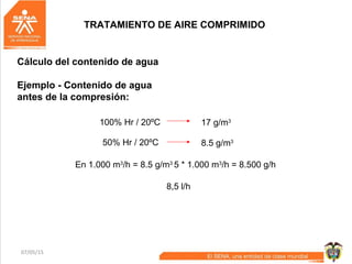 07/05/15 40
100% Hr / 20ºC 17 g/m3
50% Hr / 20ºC 8.5 g/m3
En 1.000 m3
/h = 8.5 g/m3
5 * 1.000 m3
/h = 8.500 g/h
8,5 l/h
TRATAMIENTO DE AIRE COMPRIMIDO
Cálculo del contenido de agua
Ejemplo - Contenido de agua
antes de la compresión:
 