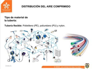 07/05/15 59
DISTRIBUCIÓN DEL AIRE COMPRIMIDO
Tipo de material de
la tubería:
Tubería flexible: Polietileno (PE), poliuretano (PU) y nylon.
 