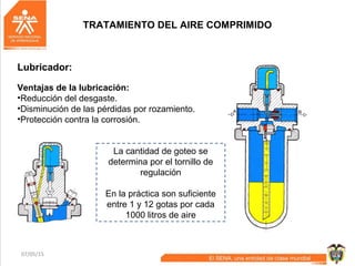 07/05/15 72
TRATAMIENTO DEL AIRE COMPRIMIDO
Lubricador:
Ventajas de la lubricación:
•Reducción del desgaste.
•Disminución de las pérdidas por rozamiento.
•Protección contra la corrosión.
La cantidad de goteo se
determina por el tornillo de
regulación
En la práctica son suficiente
entre 1 y 12 gotas por cada
1000 litros de aire
 