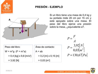 07/05/15 9
PRESIÓN - EJEMPLO
Si un libro tiene una masa de 0,4 kg y
su portada mide 20 cm por 15 cm y
está apoyado sobre una mesa. El
peso del libro ejerce una presión
sobre la mesa, ¿equivalente a?.
A
P
W
Peso del libro:
W = m*g (F = m*a)
= 0,4 [kg] x 9,8 [m/s2
]
= 3,92 [N]
Área de contacto:
A = ab
= 0,2 [m] x 0,15 [m]
= 0,03 [m2
]
[ ]
[ ]
[ ]PaP
m
N
P
A
F
P
67,130
03,0
92,3
2
=
=
=
 