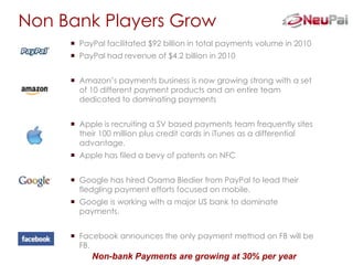 Non Bank Players Grow
      PayPal facilitated $92 billion in total payments volume in 2010
      PayPal had revenue of $4.2 billion in 2010


      Amazon’s payments business is now growing strong with a set
       of 10 different payment products and an entire team
       dedicated to dominating payments


      Apple is recruiting a SV based payments team frequently sites
       their 100 million plus credit cards in iTunes as a differential
       advantage.
      Apple has filed a bevy of patents on NFC


      Google has hired Osama Biedier from PayPal to lead their
       fledgling payment efforts focused on mobile.
      Google is working with a major US bank to dominate
       payments.


      Facebook announces the only payment method on FB will be
       FB.
          Non-bank Payments are growing at 30% per year
 