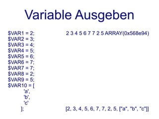 Variable Ausgeben
$VAR1 = 2;   2 3 4 5 6 7 7 2 5 ARRAY(0x568e94)
$VAR2 = 3;
$VAR3 = 4;
$VAR4 = 5;
$VAR5 = 6;
$VAR6 = 7;
$VAR7 = 7;
$VAR8 = 2;
$VAR9 = 5;
$VAR10 = [
      'a',
      'b',
      'c'
    ];       [2, 3, 4, 5, 6, 7, 7, 2, 5, ["a", "b", "c"]]
 