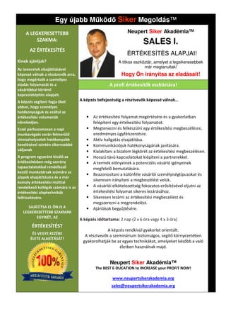 Egy újabb M köd Siker Megoldás
                                           Megoldás™
    A LEGKERESETTEBB                                         Neupert Siker Akadémia™
         SZAKMA:                                                      SALES I.
       AZ ÉRTÉKESÍTÉS
                                                             ÉRTÉKESÍTÉS ALAPJAI!
Kinek ajánljuk?                                          A titkos eszköztár, amelyet a legsikeresebbek
                                                                       már megtanultak!
Az ismeretek elsajátításával
képessé válnak a résztvevők arra,                         Hogy Ön irányítsa az eladásait
                                                                               eladásait!
hogy megértsék a személyes
eladás folyamatát és a                              A profi értékesítők eszköztára!
vásárlókkal történő
kapcsolatépítés alapjait.
A képzés segíteni fogja őket        A képzés befejezéséig a résztvevők képessé válnak…
abban, hogy személyes
hatékonyságuk és ezáltal az
értékesítési volumenük                 •   Az értékesítési folyamat megértésére és a gyakorlatban
                                             z
növekedjen.                                felépíteni egy értékesítési folyamatot.
Ezzel párhuzamosan a napi              •   Megtervezni és felkészülni egy értékesítési megbeszélésre,
munkavégzés során felmerülő                eredményes ügyfélszerzésre.
stresszhelyzetek hatékonyabb           •   Aktív hallgatás elsajátítása.
kezelésével szintén sikeresebbé        •   Kommunikációjuk hatékonyságának javítására.
váljanak                               •   Kialakítani a bizalom légkörét az értékesítési megbeszélésen.
A program egyaránt kiváló az           •   Hosszú távú kapcsolatokat kiépíteni a partnerekkel.
értékesítésben még szerény             •   A termék előnyeinek a potenciális vásárló igényeinek
tapasztalatokkal rendelkező                megfelelő bemutatására.
kezdő munkatársak számára az
                                       •   Beazonosítani a különféle vásárlói személyiségtípusokat és
alapok elsajátítására és a már
komoly értékesítési múlttal
                                           sikeresen irányítani a megbeszélést velük.
rendelkező kollégák számára is az      •   A vásárlói elkötelezettség fokozatos erősítésével eljutni az
értékesítési alaptechnikák                 értékesítési folyamat sikeres lezárásához.
                                                           yamat
felfrissítésére.                       •   Sikeresen lezárni az értékesítési megbeszélést és
                                           megszerezni a megrendelést.
      SAJÁTÍTSA EL ÖN IS A             •   Ajánlások begyűjtésére.
   LEGKERESETTEBB SZAKMÁK
          EGYIKÉT, AZ
                                    A képzés időtartama: 2 nap (2 x 6 óra vagy 4 x 3 óra)
        ÉRTÉKESÍTÉST
                                                  A képzés rendkívül gyakorlat orientált.
        ÉS VEGYE KEZÉBE
                                      A résztvevők a szeminárium biztonságos, segítő környezetében
                                                                    tonságos,
       ÉLETE ALAKÍTÁSÁT!
                                     gyakorolhatják be az egyes technikákat, amelyeket később a való
                                                        életben használnak majd.


                                                    Neupert Siker Akadémia™
                                            The BEST E-DUCATION to INCREASE your PROFIT NOW!

                                                     www.neupertsikerakademia.org
                                                               tsikerakademia.org
                                                     sales@neupertsikerakademia.org
 