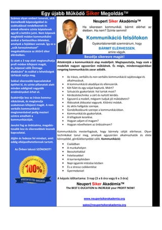 Egy újabb M köd Siker Megoldás
                                              Megoldás™
Számos olyan embert ismerek, akik
kiemelkedő képességekkel és                                       Neupert Siker Akadémia™
szaktudással rendelkeznek és                              Ha sikeresen kommunikál, bármit elérhet az
ennek ellenére szinte képtelenek                          életben. Ha nem? Szinte semmit!
egyről a kettőre jutni. Nem képesek
megfelelő módon kommunikálni
azokat a fantasztikus ötleteket,
                                                             Kommunikáció fels fokon
amelyek a fejükben vannak. Így ez a                               Gyakorlatorientált szeminárium, hogy
„szűk keresztmetszet”                                                  BÁRMIT ELÉRHESSEN,
megakadályozza az áttörő siker                                                amire vágyik.
elérésében.
                                                           Beszélje sikeresre magát!
                                                                         esre
Ez alatt a 3 nap alatt megtanulhatja
                                       Áttekintjük a kommunikáció alap modelljeit. Megtapasztalja, hogy ezek a
                                       Á                                          jeit.
profi módon kifejezni magát,
                                       modellek nagyon egyszerűen működnek. És mégis, mindennapjainkban
és„képessé válik Önmaga
                                       rengeteg kommunikációs zavar adódik.
eladására” és ezáltal a lehetőségek
tárházát nyitja meg.
                                           • Az írásos, verbális és non-verbális kommun
                                                                        verbális kommunikáció sajátosságai és
Sokkal sikeresebb kapcsolatokat                alkalmazásuk.
építhet ki, és szinte pillanatok alatt     • A kommunikáció akadályai és ellenszerük.
minden eddiginél nagyobb                   • Két fület és egy szájat kaptunk. Miért?
eredményeket érhet el.                     • Szituációs gyakorlatok: hol tartok most?
                                           • Kérdezéstechnika: a zárt és nyitott kérdés.
Szakértője lesz az írásos kommu-           • Egyszerű a modell, mégsem tudjuk jól működtetni?
nikációnak, és megtanulja                  • Áldozatok áldozatai vagyunk. Kitörési módok.
                                                                          .
szabatosan kifejezni magát. A non-         • Az aktív hallgatás szerepe.
verbális kommunikáció                      • Gondolkodásunk szerepe a kommunikációban.
megismerésével pedig mesteri               • Kommunikációs gyakorlatok.
szintre emelheti a                         • A kifogások kezelése.
kommunikációját.                           • Hogyan adjam el magam?
Javulni fog az önbizalma, magabiz-         • Hogyan növelhetem az önbizalmam?
tosabb lesz és sikeresebbek lesznek
kapcsolatai.                           Kommunikációs mesterfogások, hogy bármely célját elérhesse. Ol        Olyan
                                       technikákat tanul meg, amelyek egyszerűen alkalmazhatók és élete
Jöjjön és fedezze fel mindazt, amit könnyebbé, gördülékenyebbé válik. Kommunikáció:
eddig elképzelhetetlennek tartott.
                                           • Családban
    Az Önben lakozó SZÓNOKOT!              • A munkahelyen
                                           • Beosztottakkal
                                           • Felettesekkel
                                           • A karrierépítésben
                                           • Napi ügyeink intézése közben
                                           • És a stressz csökkentése
                                           • Gyermekeivel

                                      A képzés időtartama: 3 nap (3 x 6 óra vagy 6 x 3 óra)
                                                     Neupert Siker Akadémia™
                                            The BEST E-DUCATION to INCREASE your PROFIT NOW!


                                                           www.neupertsikerakademia.org

                                                          sales@neupertsikerakademia.org
 