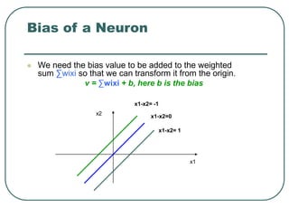 Bias of a Neuron
 We need the bias value to be added to the weighted
sum ∑wixi so that we can transform it from the origi...