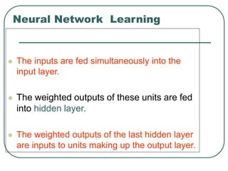 Neural Network Learning
 The inputs are fed simultaneously into the
input layer.
 The weighted outputs of these units ar...
