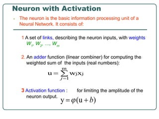 Neuron with Activation
● The neuron is the basic information processing unit of a
Neural Network. It consists of:
1 A set of links, describing the neuron inputs, with weights
W1
, W2
, …, Wm
2. An adder function (linear combiner) for computing the
weighted sum of the inputs (real numbers):
3 Activation function : for limiting the amplitude of the
neuron output.
 