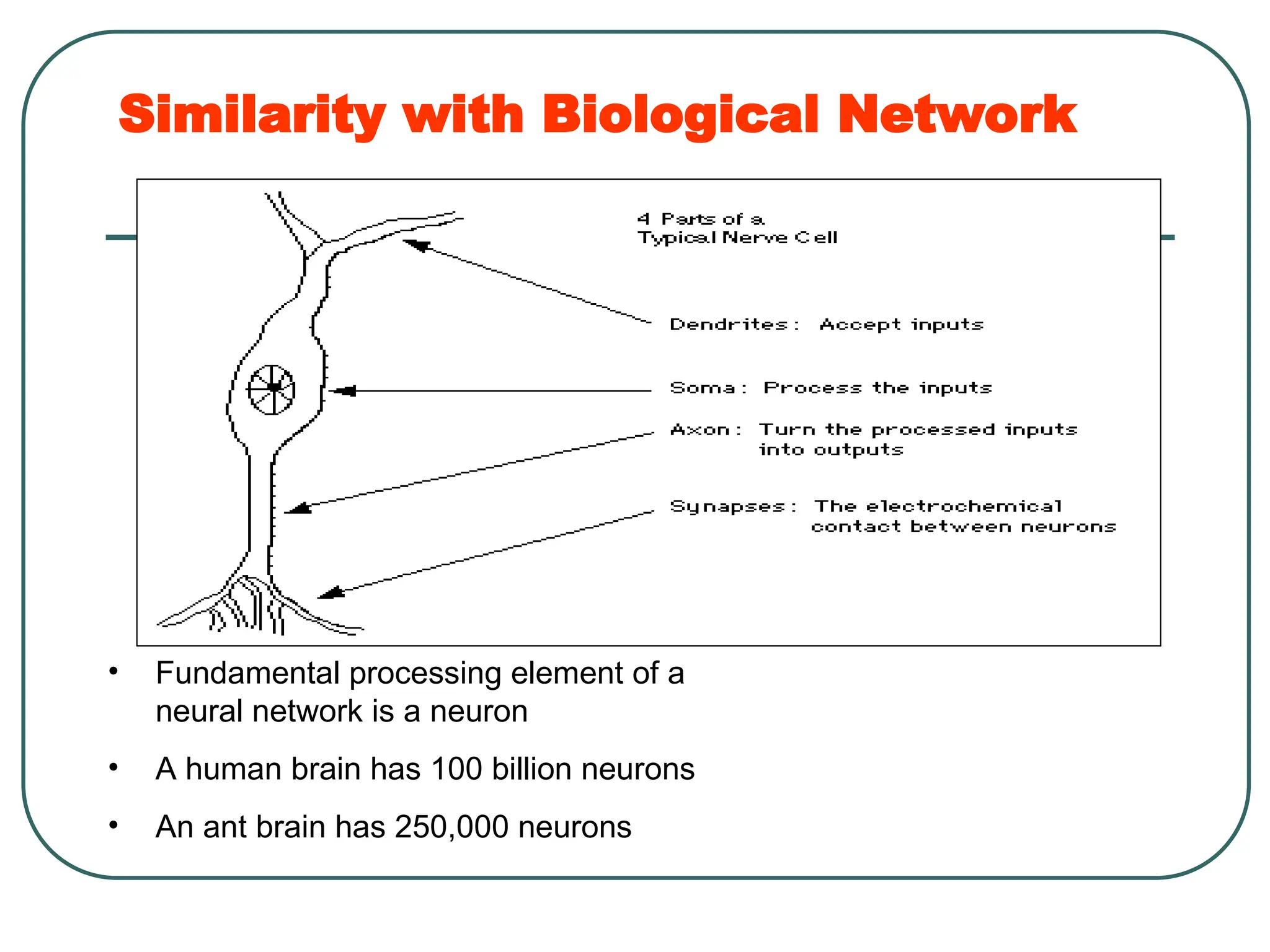 Similarity with Biological Network
• Fundamental processing element of a
neural network is a neuron
• A human brain has 100 billion neurons
• An ant brain has 250,000 neurons
 