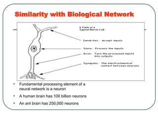 Similarity with Biological Network
• Fundamental processing element of a
neural network is a neuron
• A human brain has 100 billion neurons
• An ant brain has 250,000 neurons
 