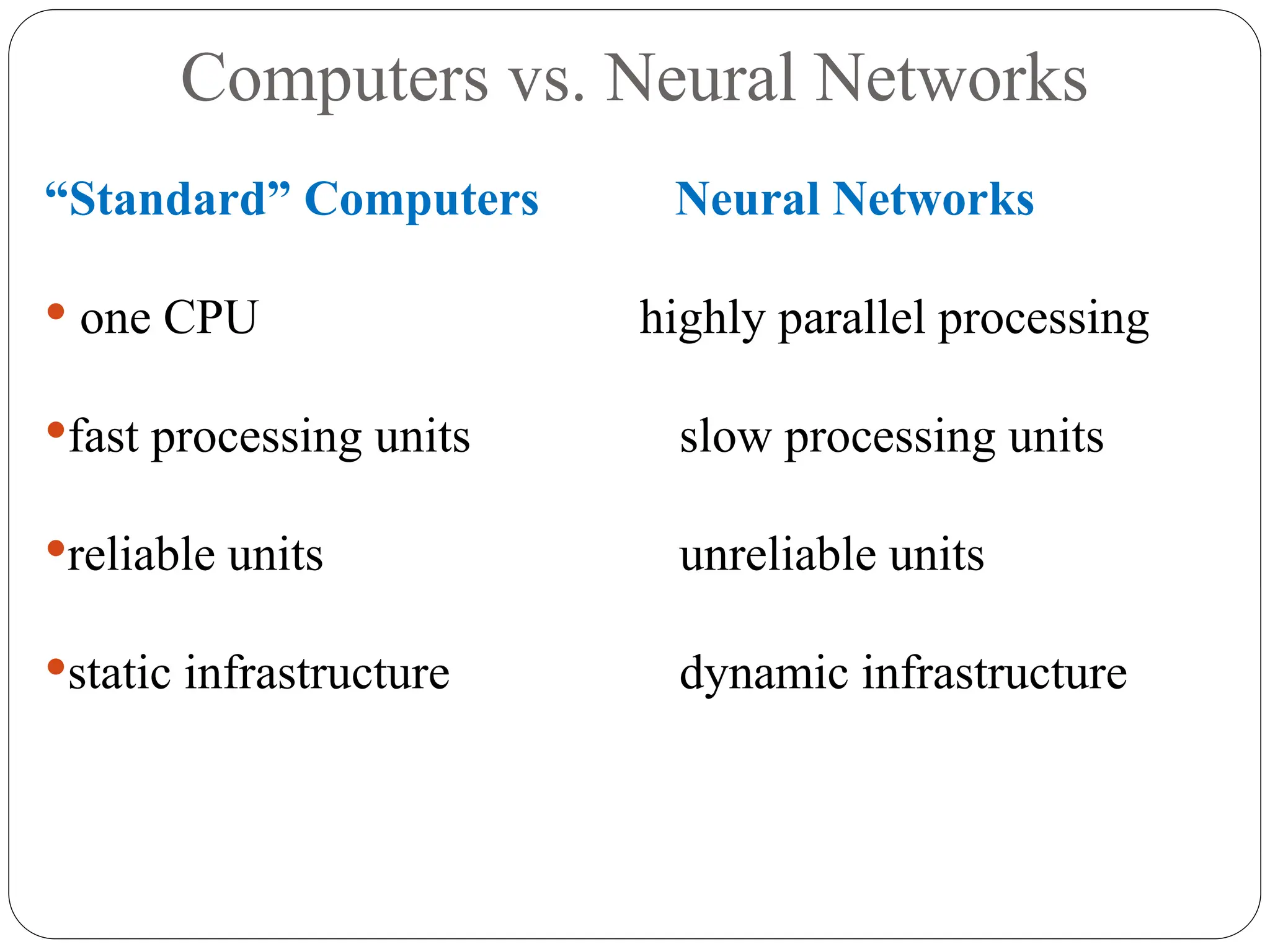 Computers vs. Neural Networks
“Standard” Computers Neural Networks
 one CPU highly parallel processing
fast processing units slow processing units
reliable units unreliable units
static infrastructure dynamic infrastructure
 