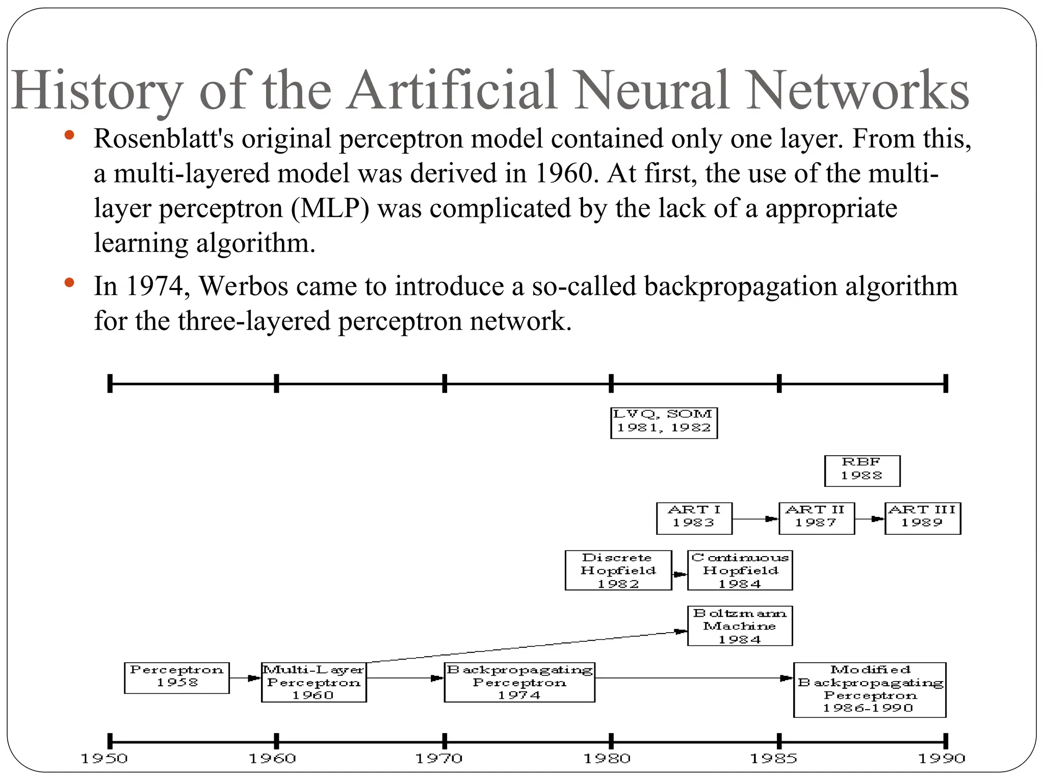 History of the Artificial Neural Networks
 Rosenblatt's original perceptron model contained only one layer. From this,
a multi-layered model was derived in 1960. At first, the use of the multi-
layer perceptron (MLP) was complicated by the lack of a appropriate
learning algorithm.
 In 1974, Werbos came to introduce a so-called backpropagation algorithm
for the three-layered perceptron network.
 