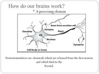 How do our brains work?
 A processing element
Neurotransmitters are chemicals which are released from the first neuron
and which bind to the
Second.
 