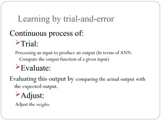 Learning by trial and error
‐ ‐
Continuous process of:
Trial:
Processing an input to produce an output (In terms of ANN:
Compute the output function of a given input)
Evaluate:
Evaluating this output by comparing the actual output with
the expected output.
Adjust:
Adjust the weights.
 